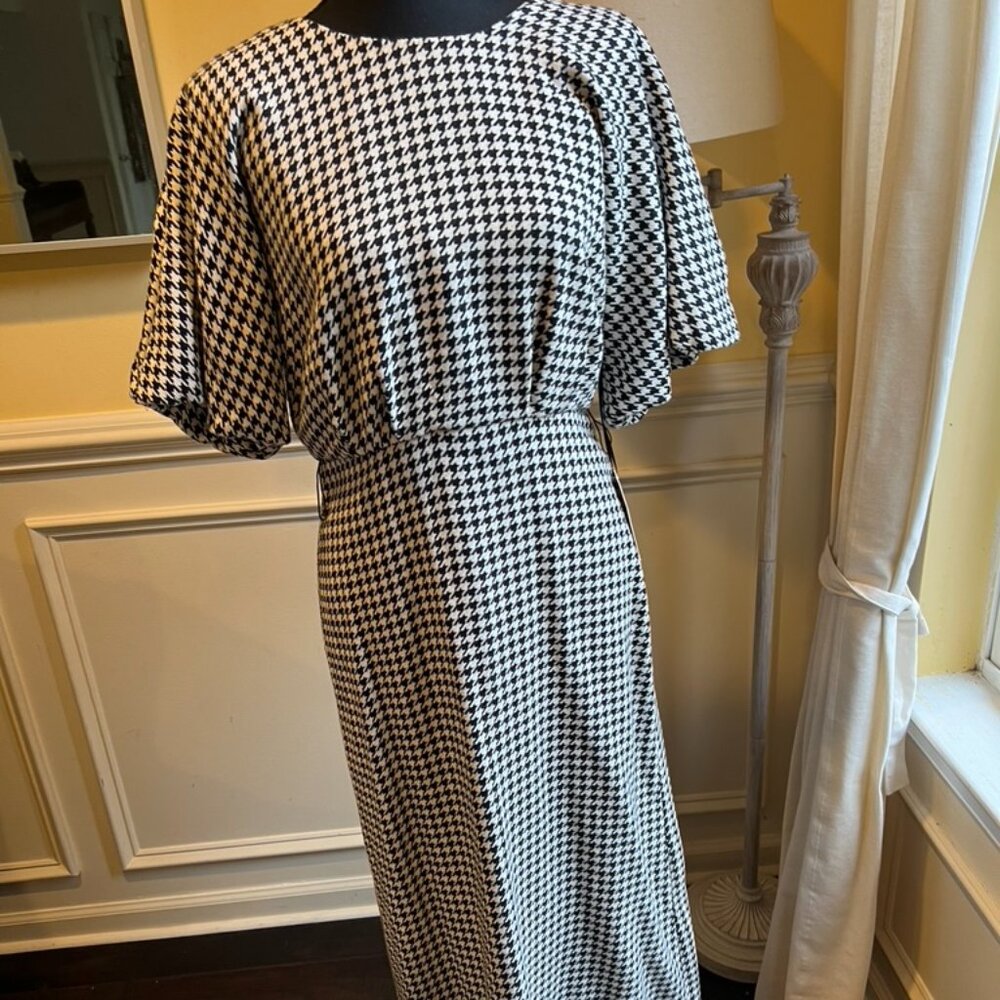 For Cynthia Houndstooth Puff Sleeve Midi Dress Size M